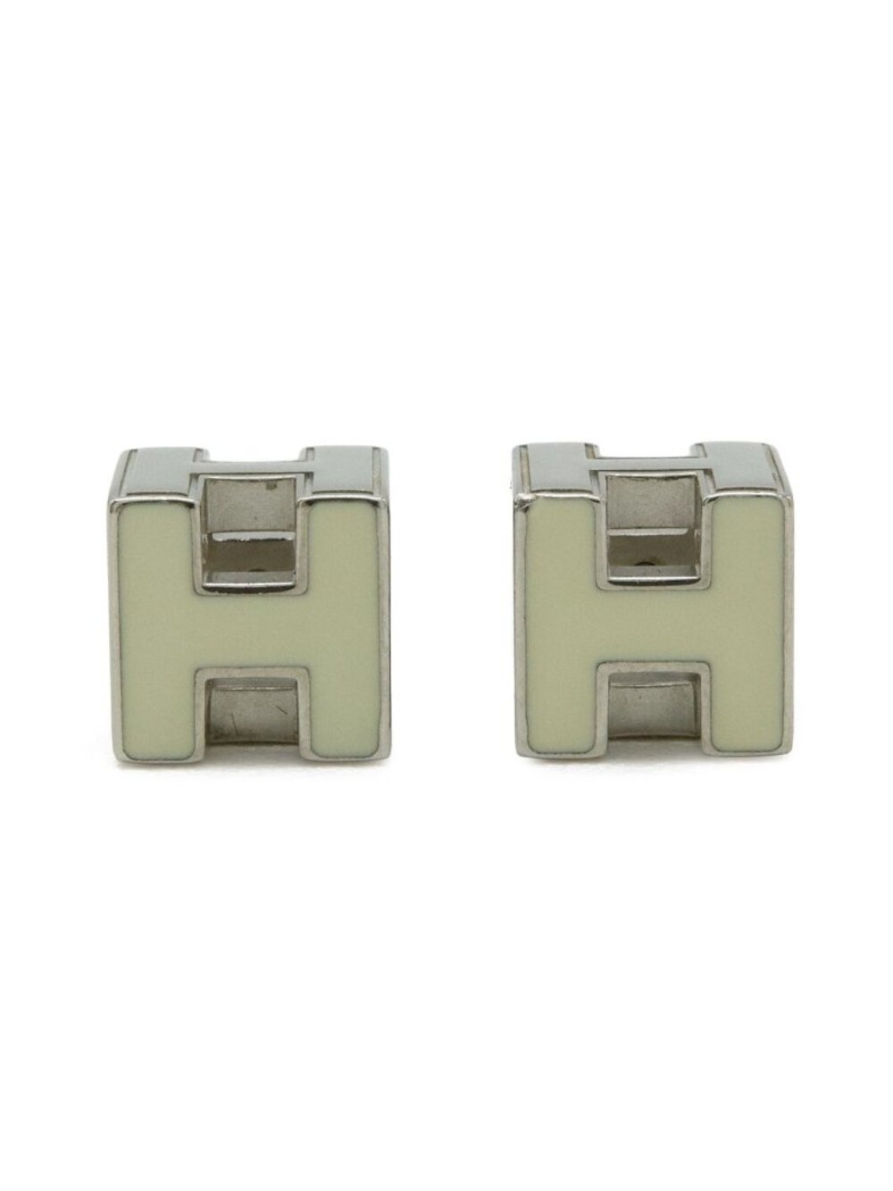 Hermes Cage D'h Cube H Logo Stud Earrings Metal Enamel Silver Ivory